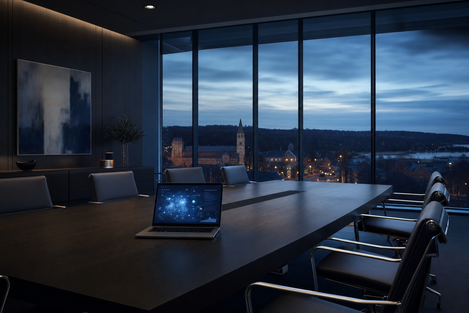 Modern law office conference room at dusk with a laptop open to a network security dashboard