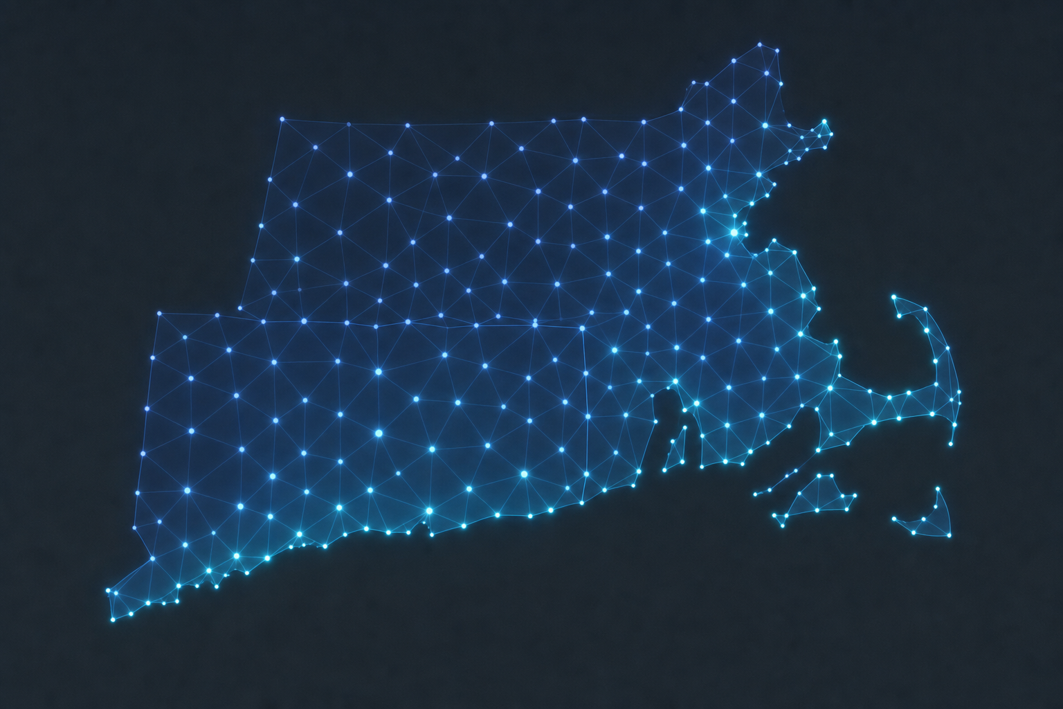 Abstract illuminated network map representing Connecticut and Southern Massachusetts