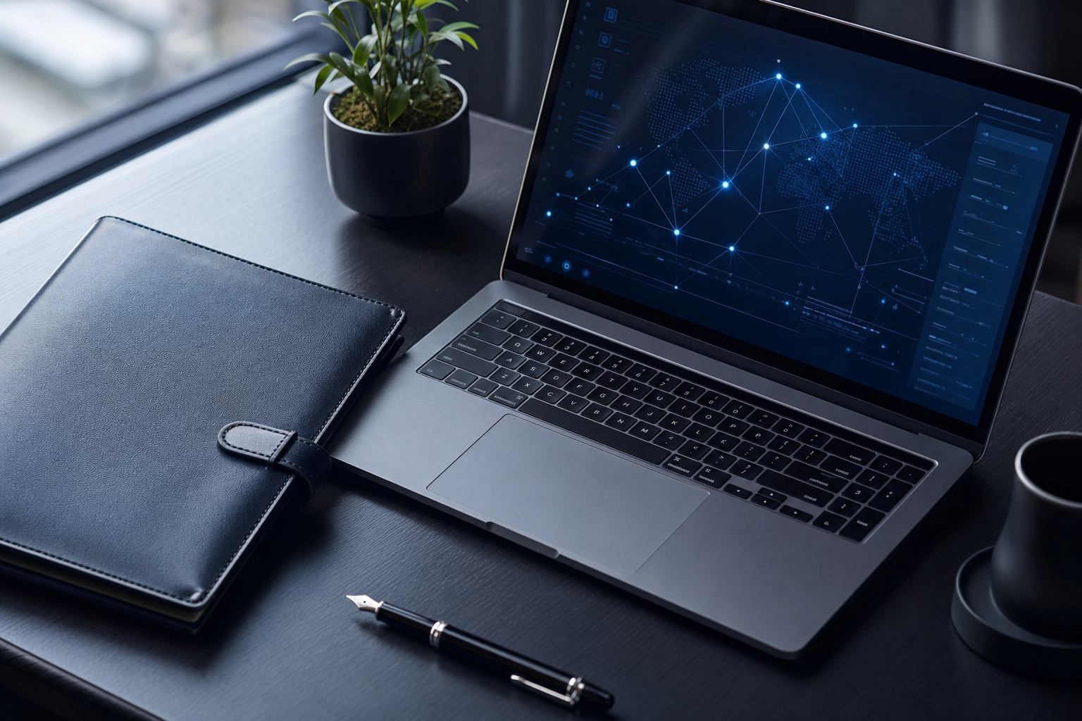 Desk with an open laptop showing a network monitoring dashboard, a leather portfolio, and a pen